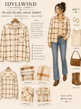 Idyllwind Miranda Lambert Plaid Pearl Snap Shirt Women’s M Cream Brown Western.